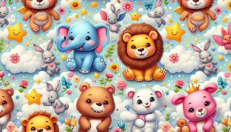 Seamless pattern with cute animals and clouds - illustration for childrenの写真素材
