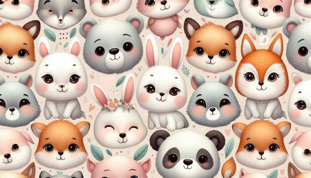 Seamless pattern with cute cartoon animals in pastel colors.の写真素材