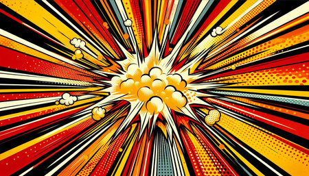Comic book explosion background with rays and dots. Vector illustration.