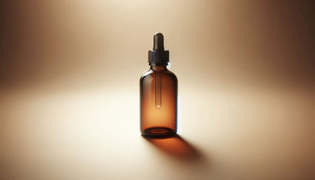 Transparent glass dropper bottle with pipette on a brown background