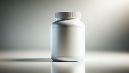 White plastic container for pills on a light background. Close-up.