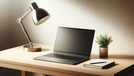 Laptop on wooden table. Workplace concept. 3D Rendering