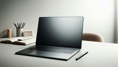 Laptop with blank screen on table in office. 3D rendering