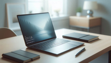 Laptop with blank screen on table in office. Mock up, 3D Rendering