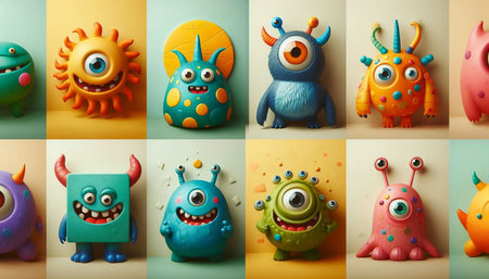 Set of funny monsters on colorful background, collage. Halloween concept