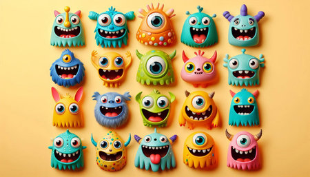 Funny monsters on yellow background, top view. Halloween party decoration