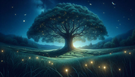 Fantasy landscape with an old tree in the forest at night.