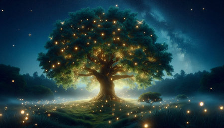 Fantasy landscape with big tree and glowing lights. 3D rendering