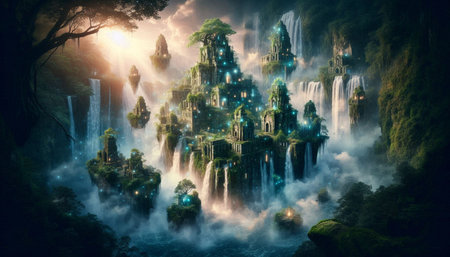 Fantasy Fairy Tale Landscape with waterfall in the forest. 3d rendering