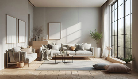 Interior of modern living room with white walls, wooden floor, beige sofa with cushions and coffee...