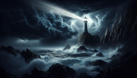 Lighthouse in the sea with light beam. 3D rendering.