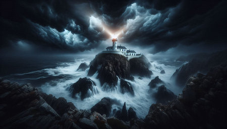 Lighthouse on the rocks in the sea. 3D rendering.