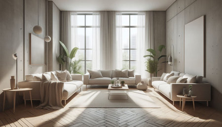 Interior of modern living room with white walls, wooden floor, comfortable white sofas and coffee...