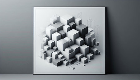 Abstract 3d rendering of cubes in a white frame on a gray background