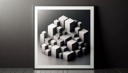 Abstract 3d rendering of white cubes in a black frame on a dark background