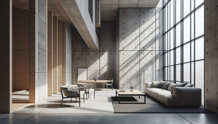 Interior of modern living room with concrete walls, concrete floor, gray sofa and round coffee...