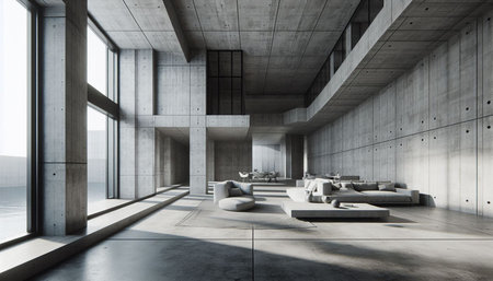 Interior of modern office with concrete walls, concrete floor and large windows. 3d renderingの写真素材