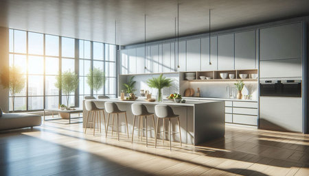 Interior of modern kitchen with white walls, wooden floor, panoramic windows and white cupboards. 3d renderingの写真素材