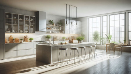 Interior of modern kitchen with gray walls, wooden floor, gray countertops and bar with stools. 3d...