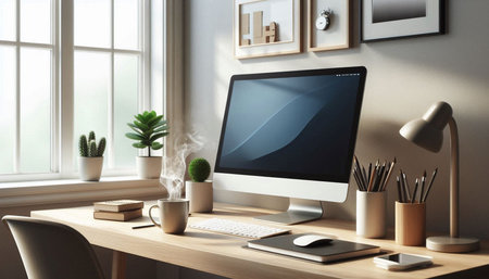 Modern workspace with computer, supplies and coffee cup. Mock up, 3D Rendering