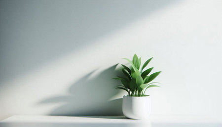 Houseplant in a white pot on a white table against a white wall