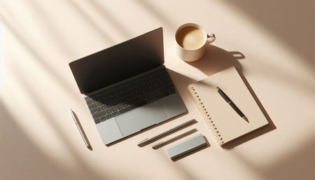 Modern workspace with laptop, coffee cup and notebook on beige background. Flat lay, top view
