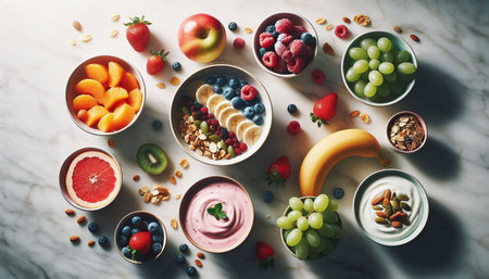 Healthy breakfast bowl with yogurt, berries, fruits and nutsle table