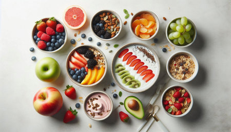 Healthy breakfast with granola, yogurt and berries on light background