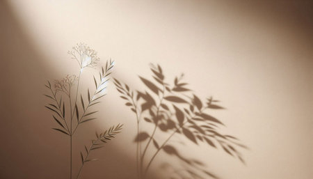 Shadow of grass on a beige wall. Abstract natural background.の写真素材