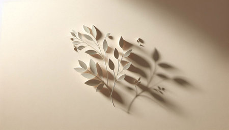 Flower shadow on beige background. Flat lay, top view