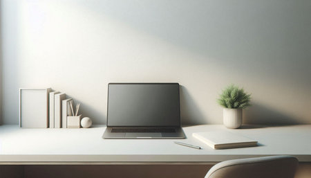 Laptop with blank screen on white office desk. 3D Rendering