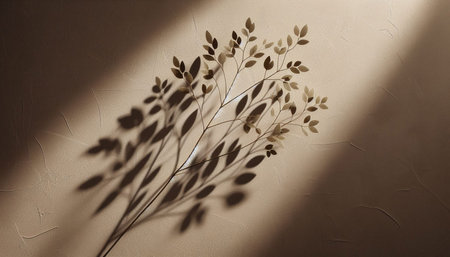Silhouette of a tree branch with leaves on a beige wall