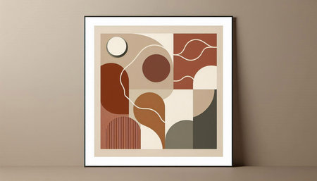 3d rendering of abstract geometric shapes in a frame on a brown backgroundの写真素材