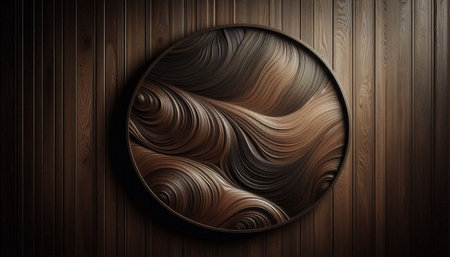 Wooden round plate on a dark wooden background. 3d renderingの写真素材