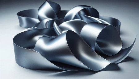 Curly silver ribbon on gray background. 3d render illustration.の写真素材