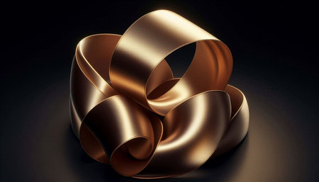 3d render, golden ribbon on black background, abstract curved shape