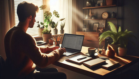 Young man working on laptop at home office. Freelance concept