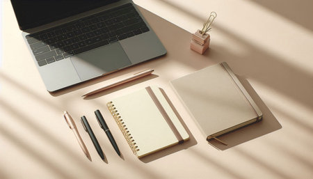 Laptop, notebook, pen and paper clip on beige background