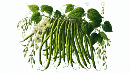 Green beans with flowers and leaves isolated on white background. Illustration.