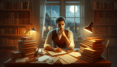 Young man sitting at his desk and writing in his notebook. Night scene.