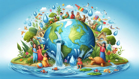 World water day concept with children and planet earth in the water illustration
