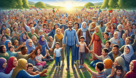 Large group of people on the background of the park. Multiethnic people.