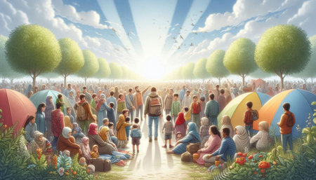 Group of people in the park in the spring. Conceptual image.