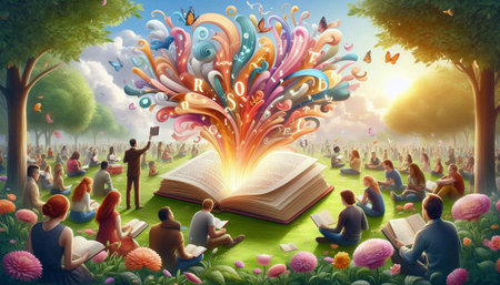 Group of people reading a book in the park. 3d rendering