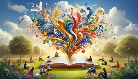 Open book with colorful flowers and butterflies in the park. Education concept