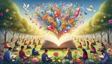 Open fairy tale book in the meadow with flowers and birds.