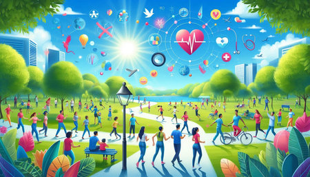 Healthy lifestyle concept with people in the park. Vector illustration.の写真素材