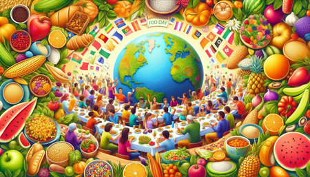 Healthy eating concept - group of people eating healthy food in the world