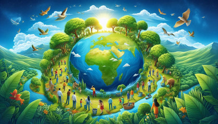 Earth Day concept with people and nature around the world. 3D rendering