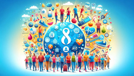 Group of people with social media icons and symbols. Vector illustration.